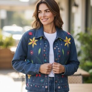 Vintage Denim jacket with appliquéd and embroidered colorful flowers. XL
